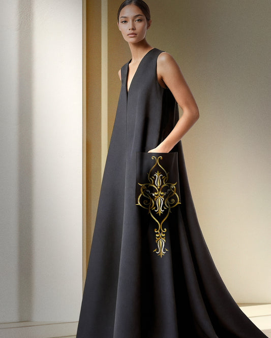 Black Kaftan with gold embroidery on big pocket