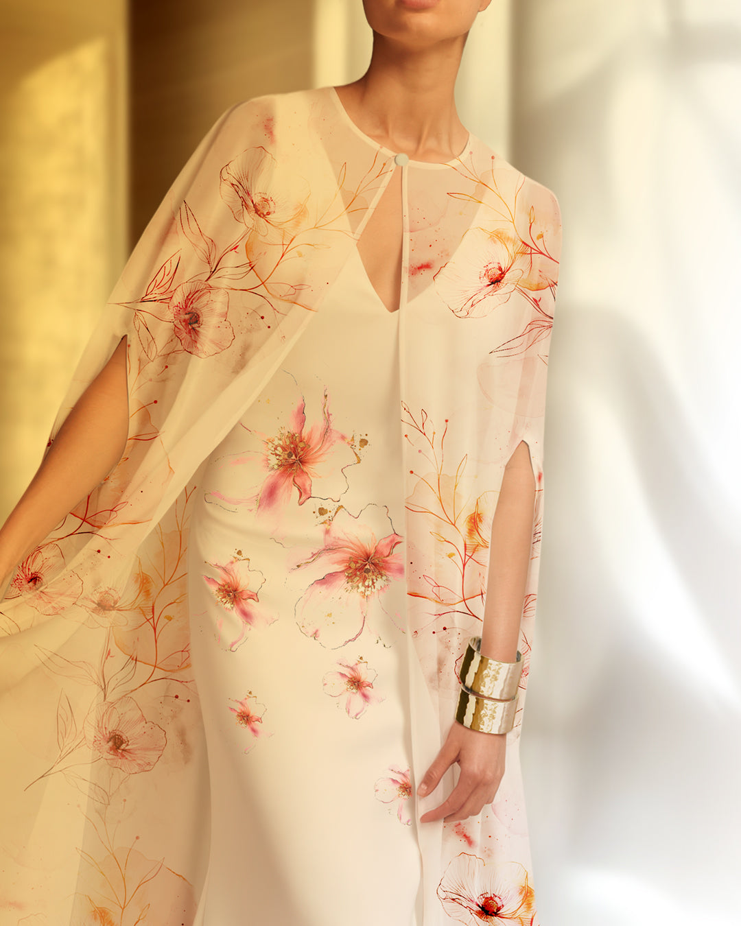 white soft kaftan with delicate flowers blooming