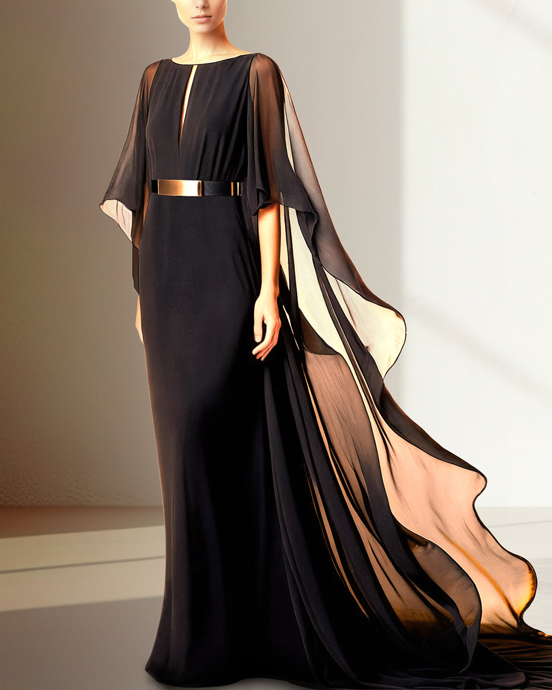 Black luxury caftan with golden belt, lightweight and flowy royal design for modern elegant wear.