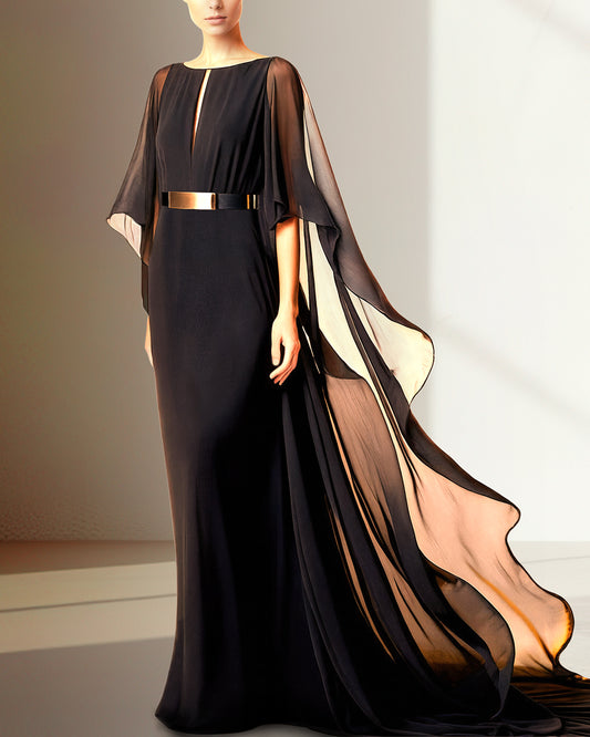Black luxury caftan with golden belt, lightweight and flowy royal design for modern elegant wear.