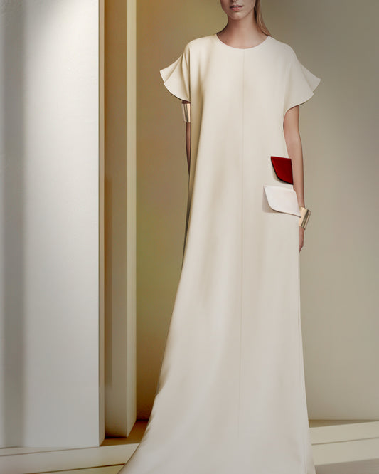 Woman wearing a long white dress with a red pocket detail in a minimalistic setting.