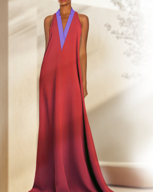 Red dress with a blue neckline on a neutral background