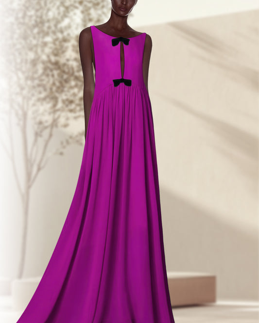 Purple evening gown abaya with black bow details on a neutral background