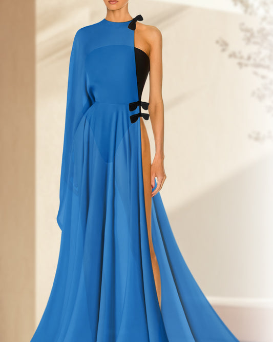 Blue evening gown abaya with black accents on a neutral background